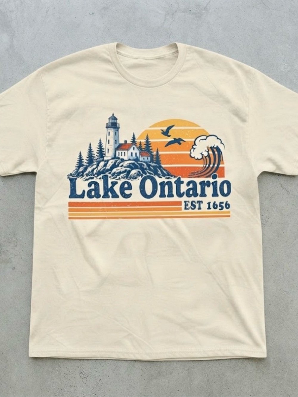 Lake Ontario Lighthouse Wave Graphic Cotton Gildan T-Shirt